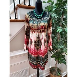 Multicolor Women's Polyester Long Sleeve Scoop Neck Pleated Knee Length Dress M